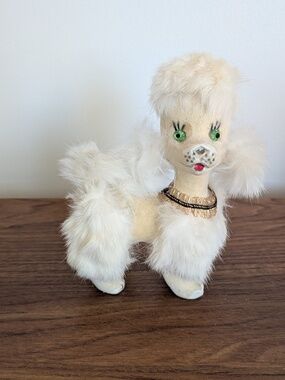 Vintage Velveteen Furry White Poodle Dog figurine Rhinestone eyes Gold ribbon
